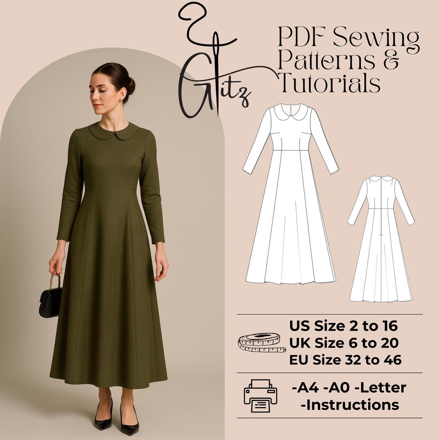 Peter Pan Collar Neck Modest Dress Sewing Pattern A Line Long Sleeve Evening Dress Pattern