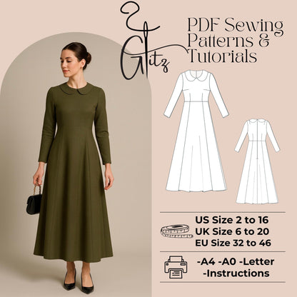 Peter Pan Collar Neck Modest Dress Sewing Pattern A Line Long Sleeve Evening Dress Pattern