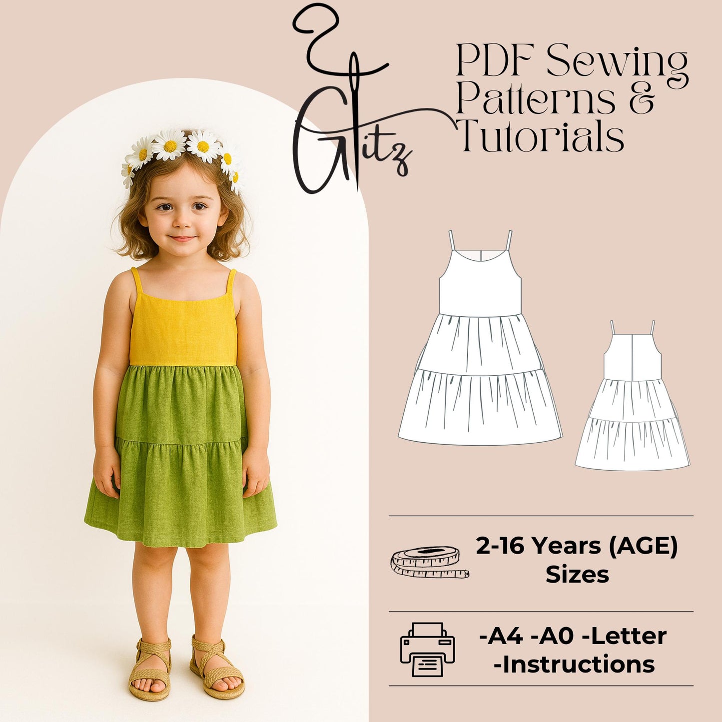 Kids Tiered Dress Sewing Pattern Girls Straps Ties Dress Sewing Pattern Beginner Pattern Girls Dress Pattern