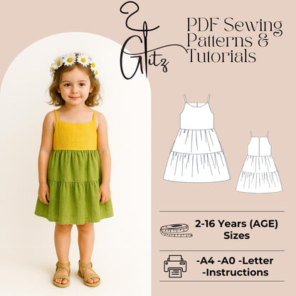 Kids Tiered Dress Sewing Pattern Girls Straps Ties Dress Sewing Pattern Beginner Pattern Girls Dress Pattern