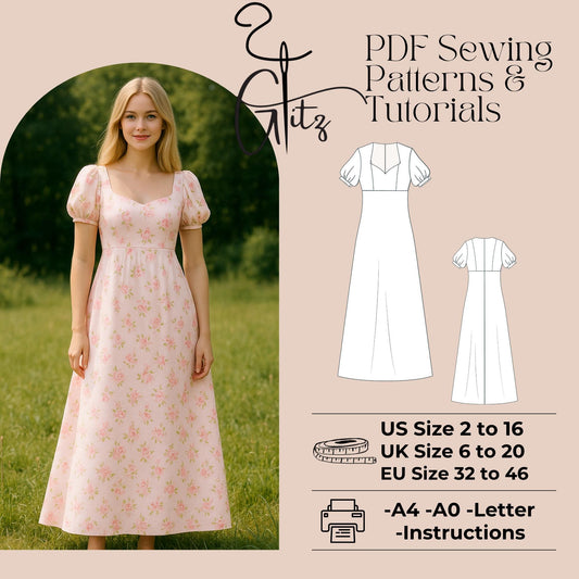 Regency Dress Sewing Pattern Short Puff Sleeve Sweetheart Neck Long A Line Evening Dress Prom Dress Cottagecore Dress Pattern