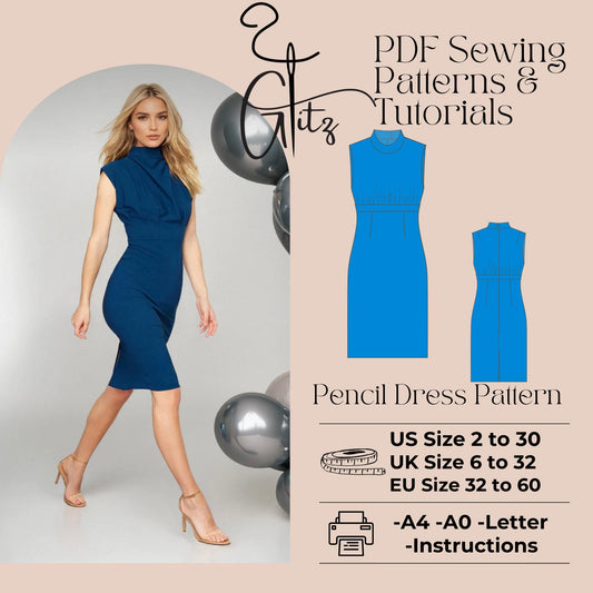 Classic Pencil Below Knees Skirt and Ruched Underbust Office Dress Digital Sewing Pattern PDF