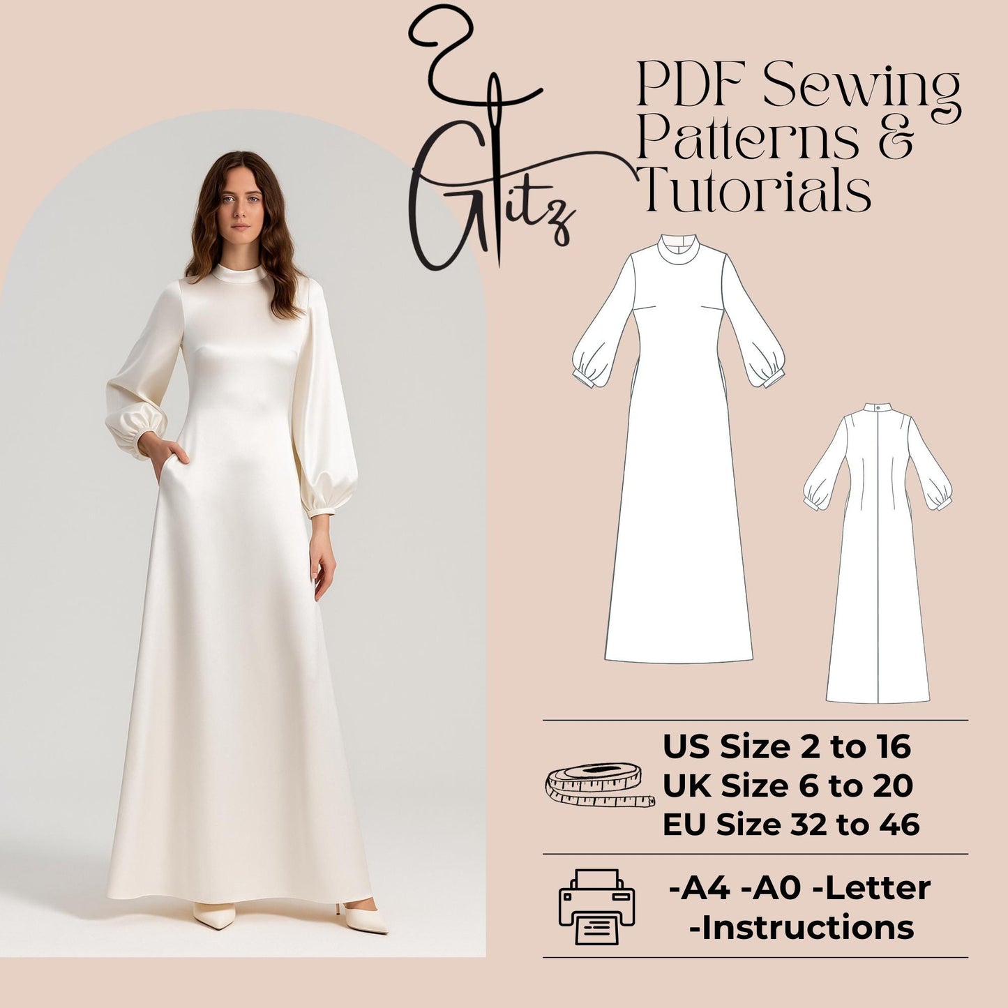 Modest Dress Sewing Pattern Hijab Abaya Pattern Long Satin Evening Dress Pattern