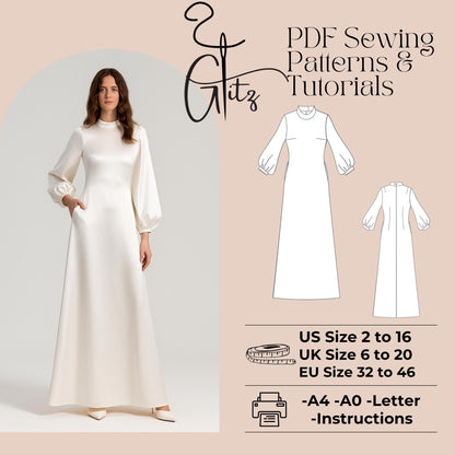 Modest Dress Sewing Pattern Hijab Abaya Pattern Long Satin Evening Dress Pattern