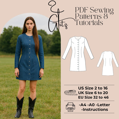 Denim Button Down Dress Sewing Pattern | Long Sleeve A-Line Dress PDF | Bust Darts | Easy Woven Dress Sewing Pattern