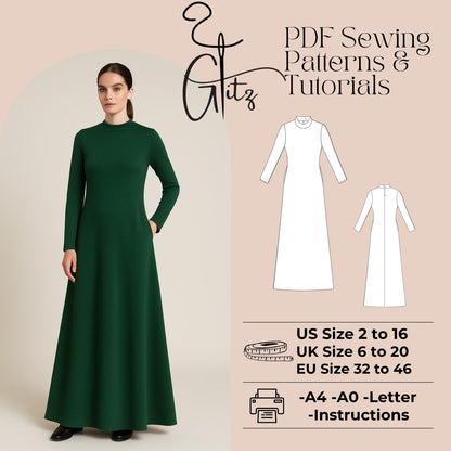 Modest Dress Sewing Pattern Easy Sewing Pattern Maxi Long Sleeve Basic Dress Women Dress Pattern