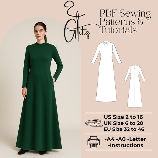Modest Dress Sewing Pattern Easy Sewing Pattern Maxi Long Sleeve Basic Dress Women Dress Pattern