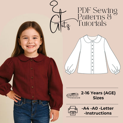 Girls Puff Sleeve Blouse Sewing Pattern Peter Pan Collar Shirt with Button  Cotton Blouse Pattern Kids Blouse Pattern