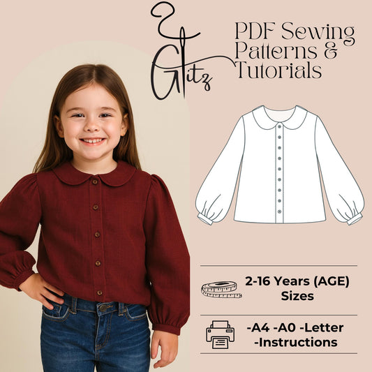Girls Puff Sleeve Blouse Sewing Pattern Peter Pan Collar Shirt with Button  Cotton Blouse Pattern Kids Blouse Pattern