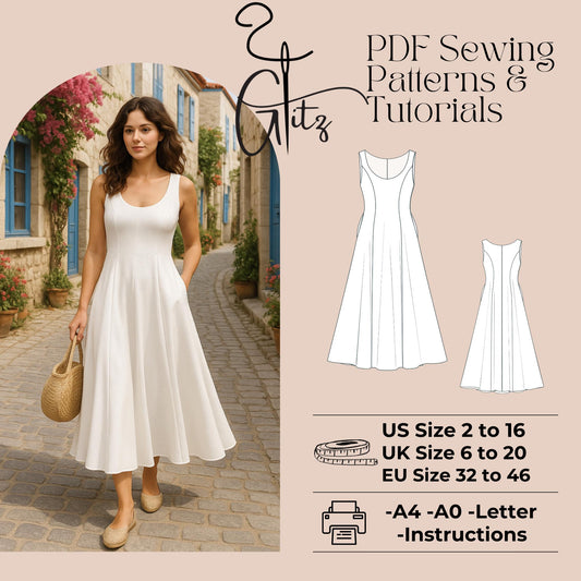Summer Dress Sewing Pattern Circle Dress Flared Dress Sleeveless Wide Collar Evening Dress Pattern