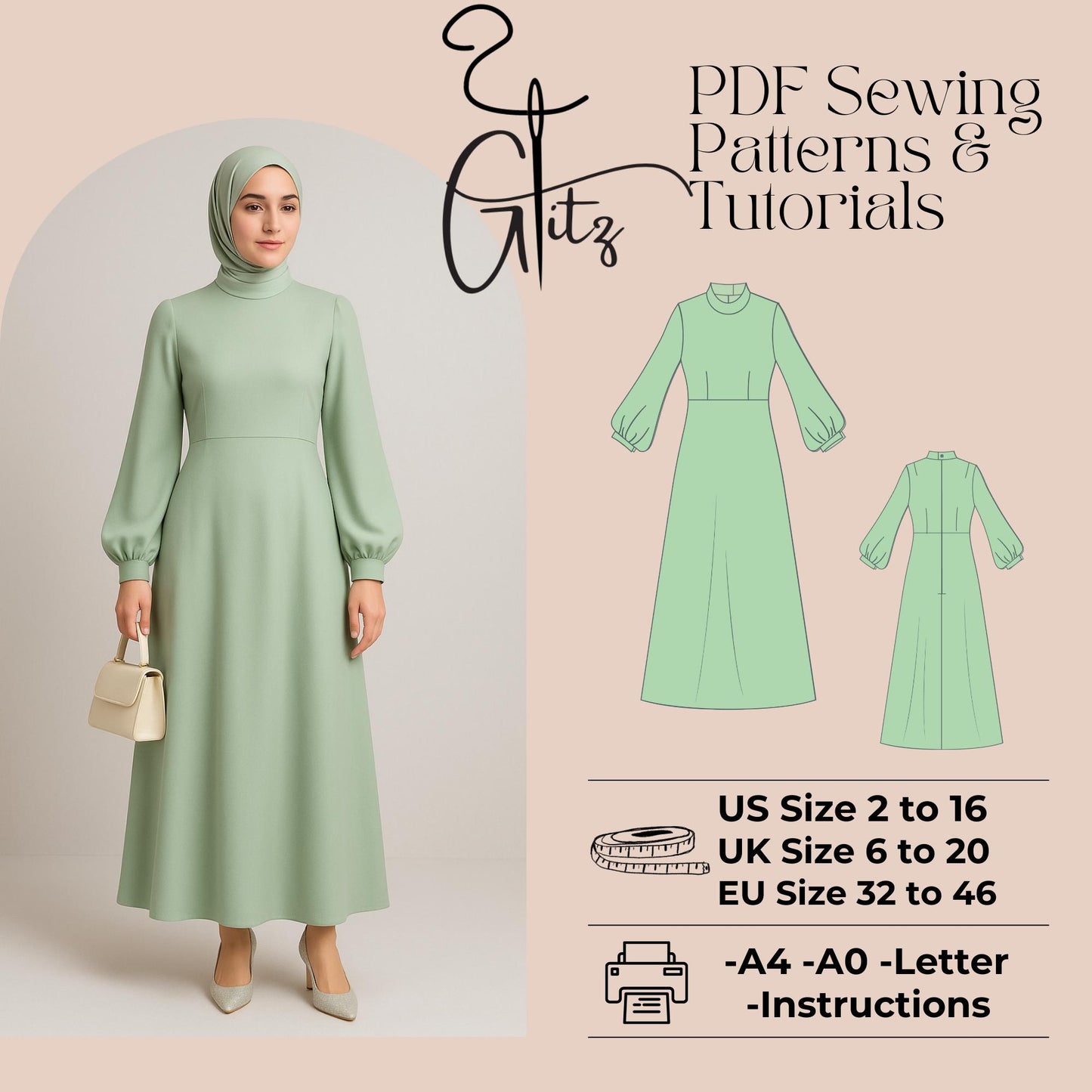 Modest Dress Sewing Pattern Puff Sleeve Evening Dress Long Sleeve Dress Hijab Abaya Pattern