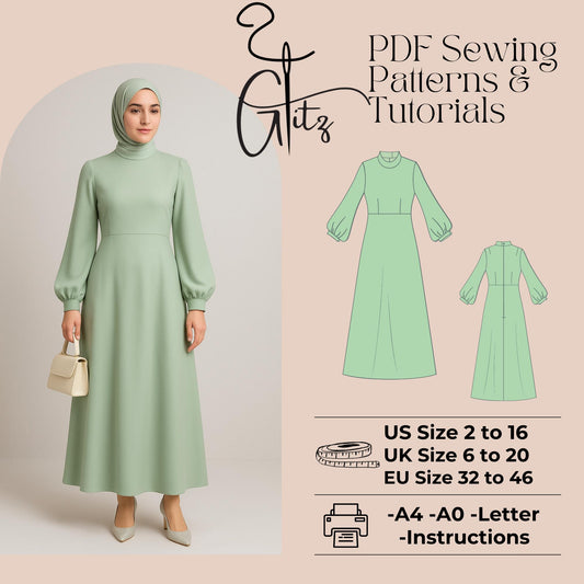 Modest Dress Sewing Pattern Puff Sleeve Evening Dress Long Sleeve Dress Hijab Abaya Pattern