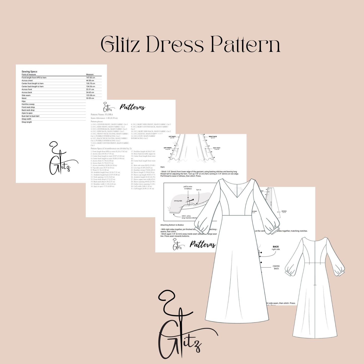 Long Puff Sleeve Deep V Neck Midi Bridesmaid Dress Minimalist Bridal Gown Prom Dress Digital Sewing Pattern PDF