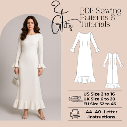Long Sleeve Gown Sewing Pattern – Flared Cuff & Hem, Princess Seams Modest Dress Pattern Long Evening Dress Elegant Dress