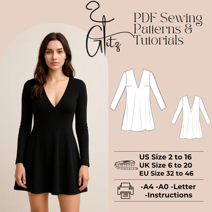 Mini Dress Sewing Pattern V Neck Strechy Basic Dress Pattern