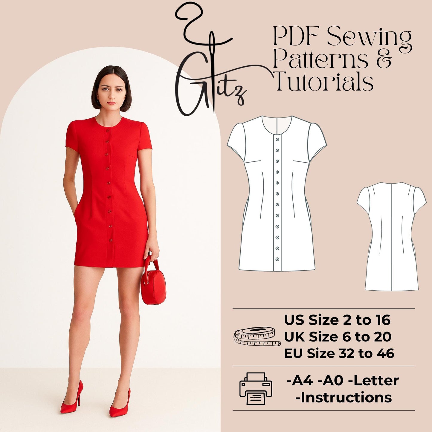 Mini Evening Dress Sewing Pattern Mini Cocktail Dress Buttoned Office Dress