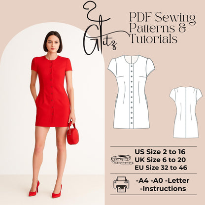 Mini Evening Dress Sewing Pattern Mini Cocktail Dress Buttoned Office Dress