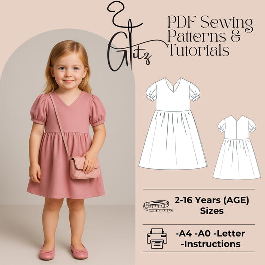 Girls Summer Dress Sewing Pattern Short Sleeve Flower Dress Kids Dress Pattern Cottagecore Dress