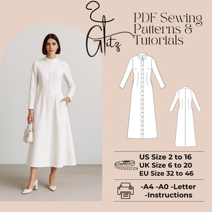 Modest Dress Buttoned Evening Dress Sewing Pattern Long Sleeve Elegant Dress Pattern