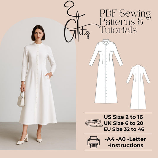 Modest Dress Buttoned Evening Dress Sewing Pattern Long Sleeve Elegant Dress Pattern