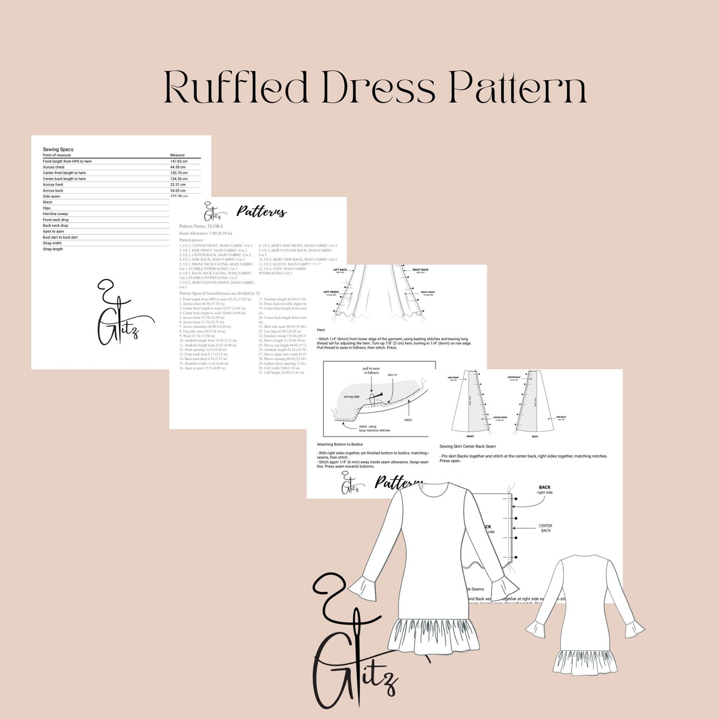 Mini Ruffled Skirt - Long Sleeve Basic Dress Sewing Pattern Digital PDF Pattern US 2 - 30 Size