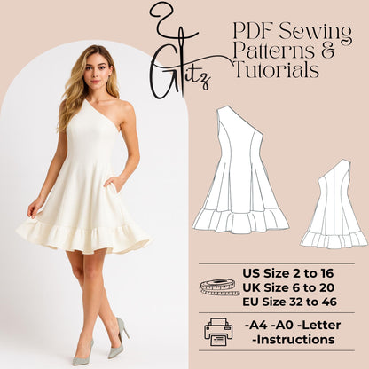 One Shoulder Prom Dress Sewing Pattern Mini After Party Dress Sewing Pattern